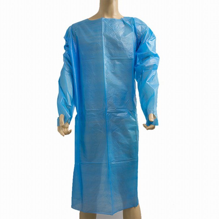 Tablier en plastique imperméable jetable de robe d'isolement de CPE avec la longue douille de boucle de pouce
