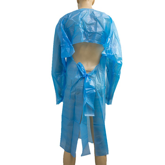 Tablier en plastique imperméable jetable de robe d'isolement de CPE avec la longue douille de boucle de pouce