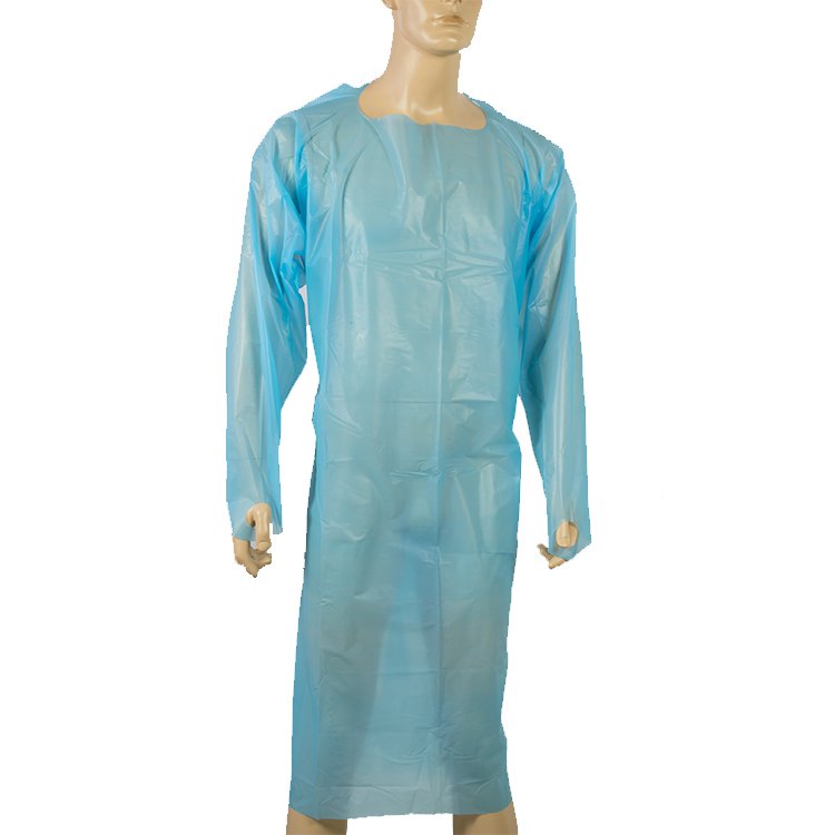 Disposable CPE Isolation Gown Waterproof Plastic Apron With Thumb Loop Long Sleeve