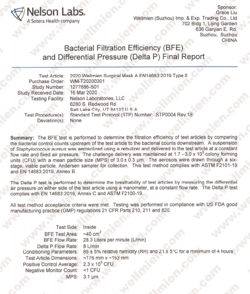 Test Report for BFE&Delta P of TYPE II mask